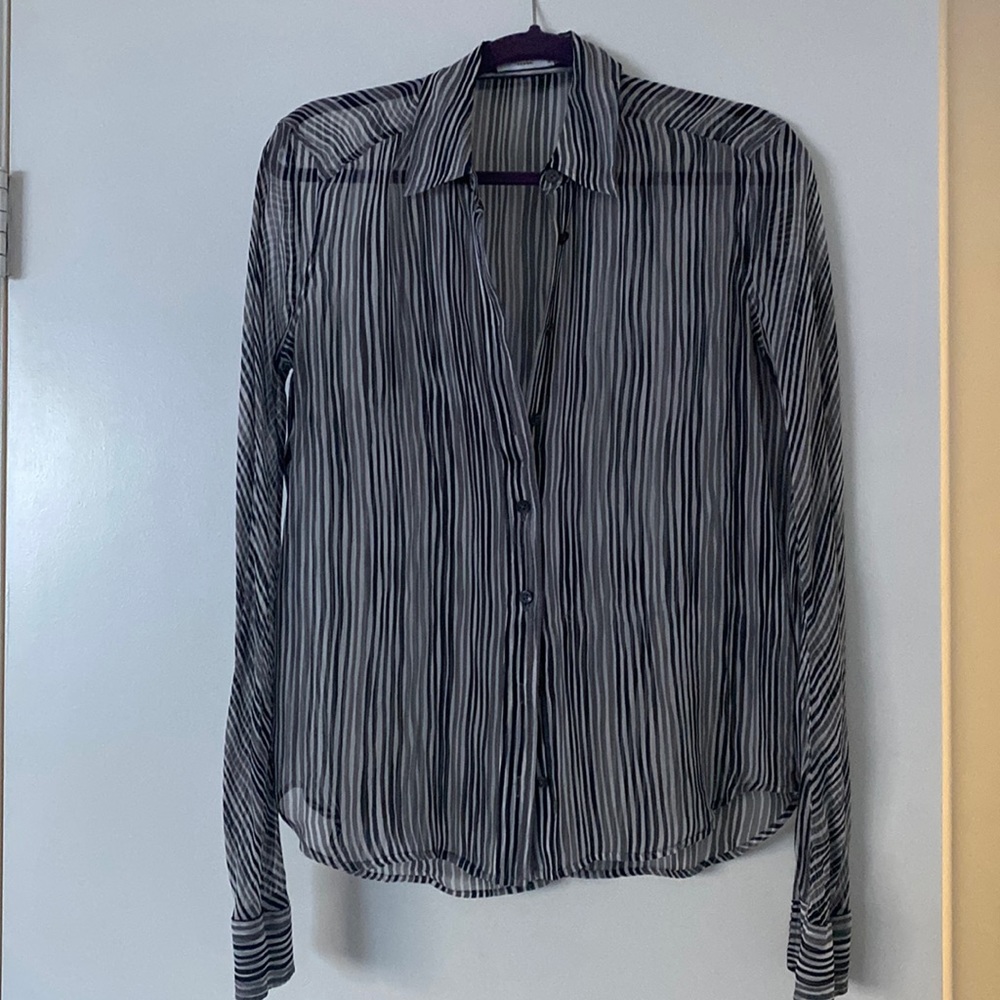 EQUIPMENT 🩶 silk blouse tunic shirt collared buttondown black white gray stripe